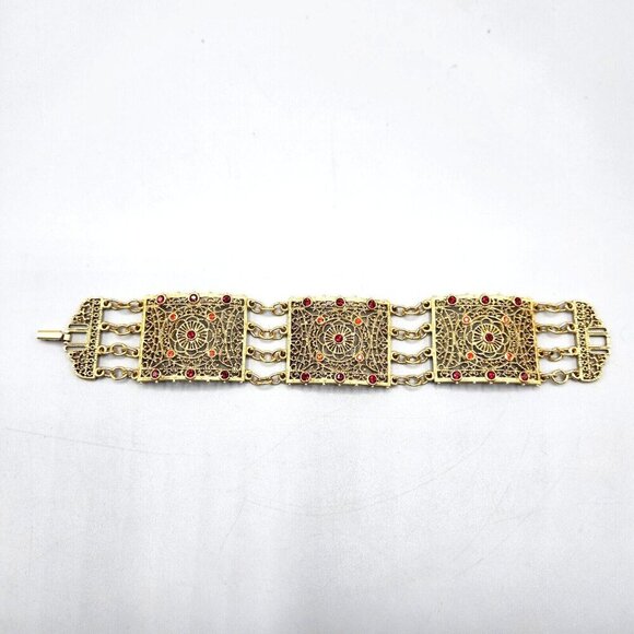 Filigree Panel Bracelet Gold Tone Red Stone Accents 8" Ornate Wide - Picture 1 of 12